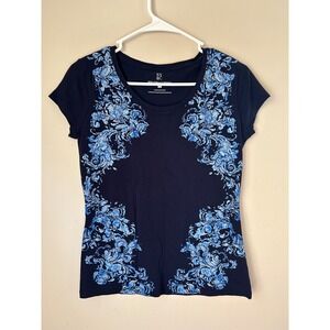 NY & Company Women's Blue Floral Print Short Sleeve T Shirt Top